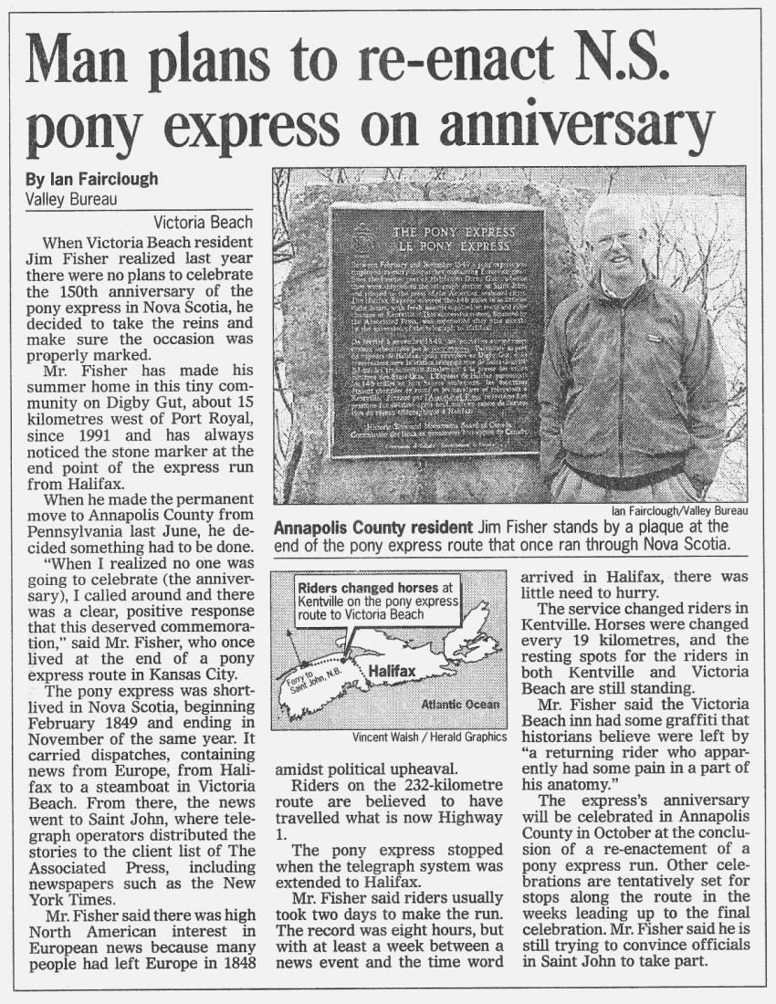Nova Scotia Pony Express, Halifax Chronicle-Herald, 12 February 1999