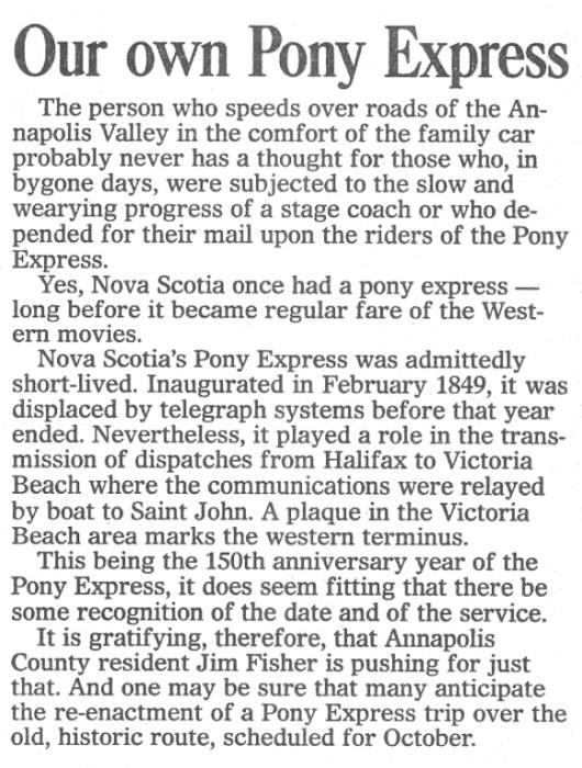 Nova Scotia Pony Express, Halifax Chronicle-Herald, 15 February 1999