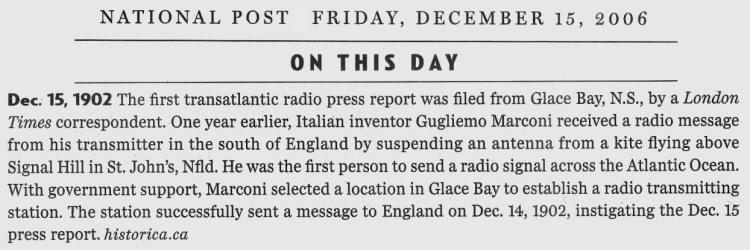 1902 Dec 15, the first transatlantic radio press report
