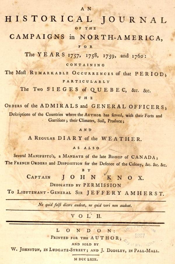 Volume 2 title page, Historical Journal, by John Knox, 1769