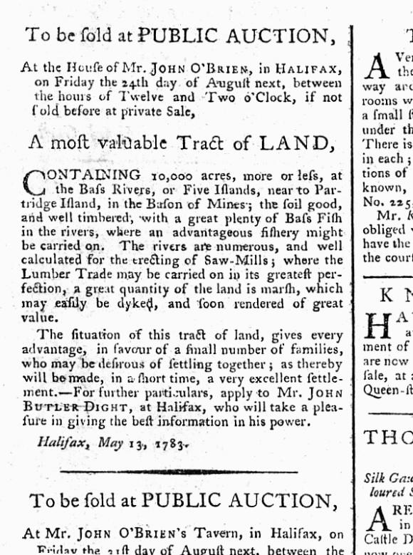 Nova Scotia real estate for sale, 10,000 acres, July 1783