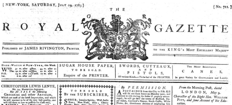 Rivington's Royal Gazette, New York, 19 July 1783