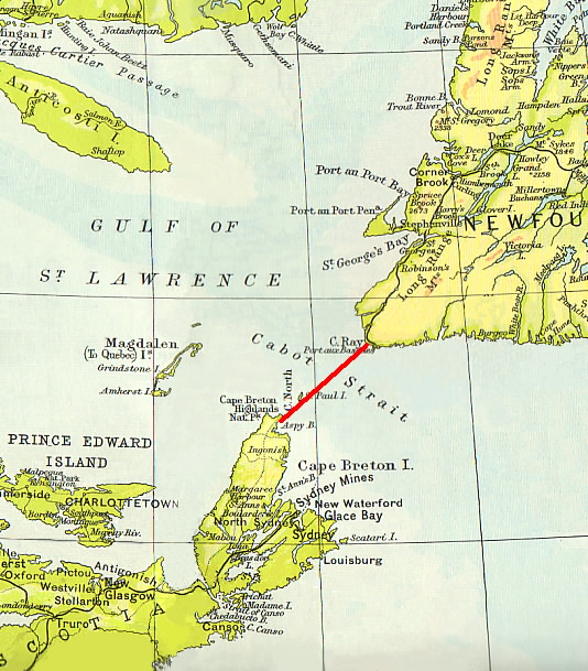 Cabot Strait: map showing location of the 1856 telegraph cable