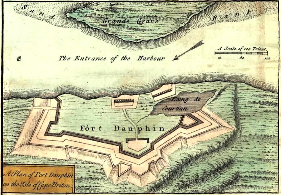 Port Dauphin, 1755 map of Fort Dauphin, Cape Breton Island