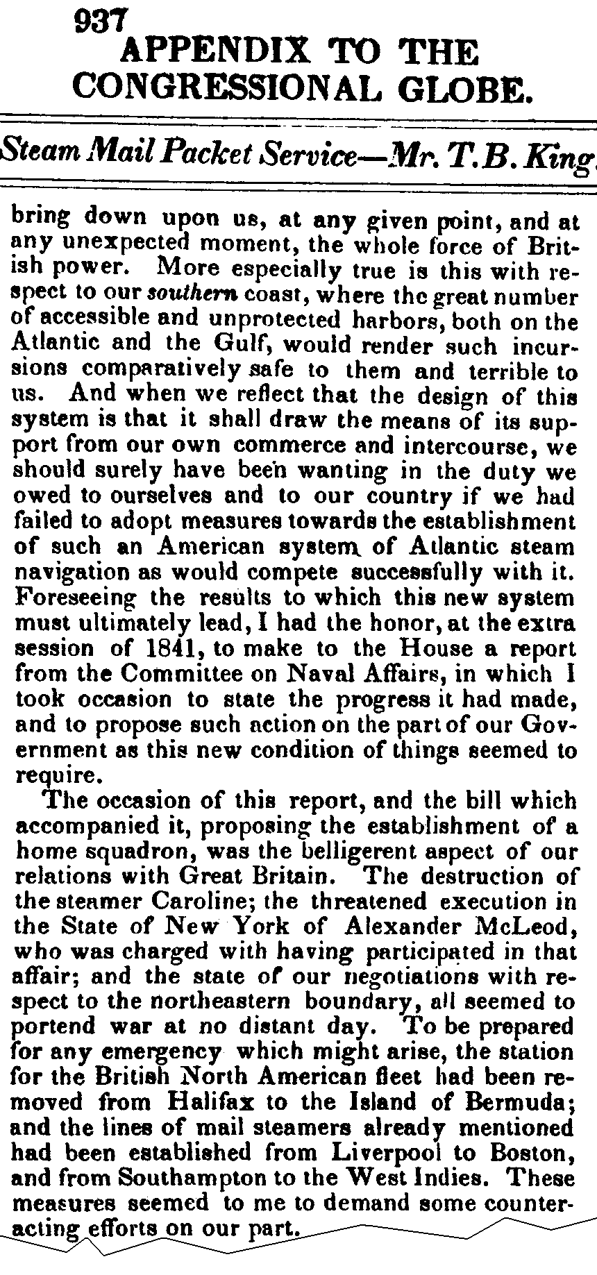 July 19, 1848: Cunard excerpts from Butler King's speech, page 937 column 2