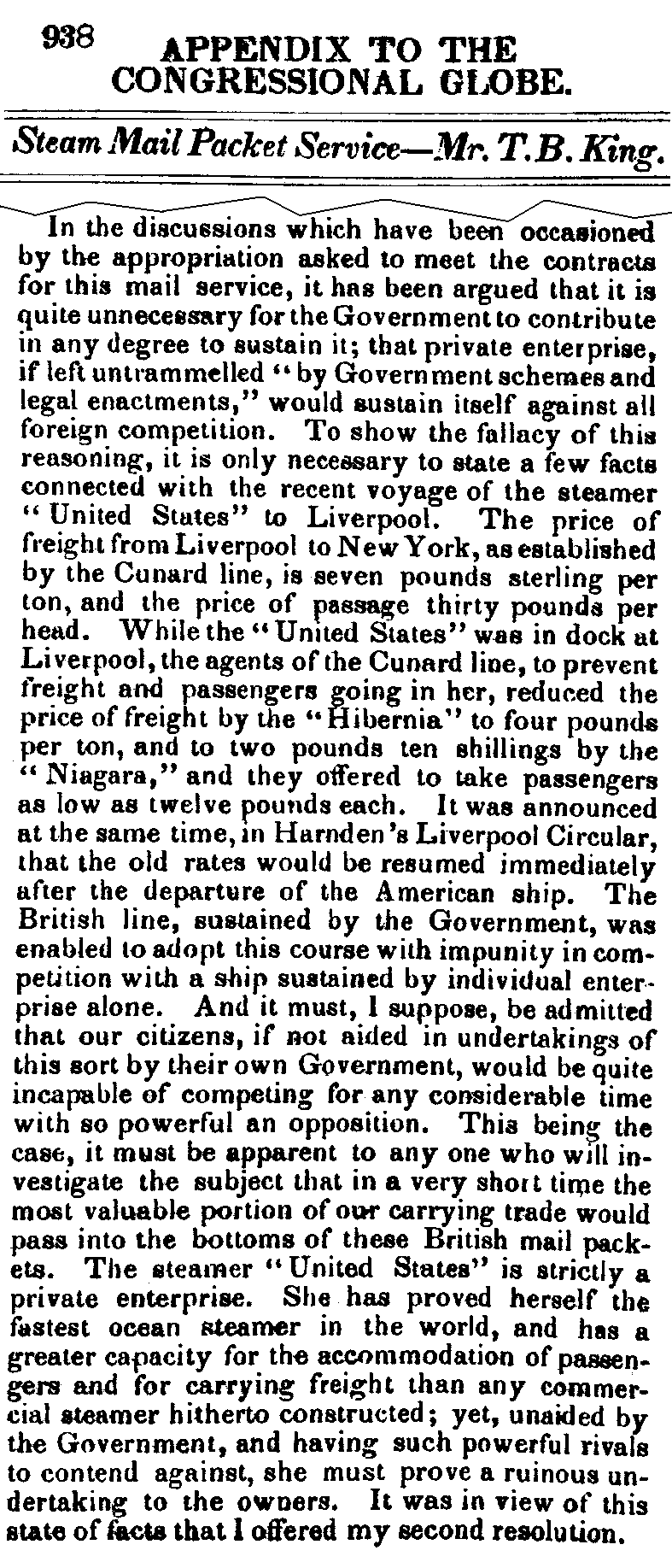 July 19, 1848: Cunard excerpts from Butler King's speech, page 938 column 2