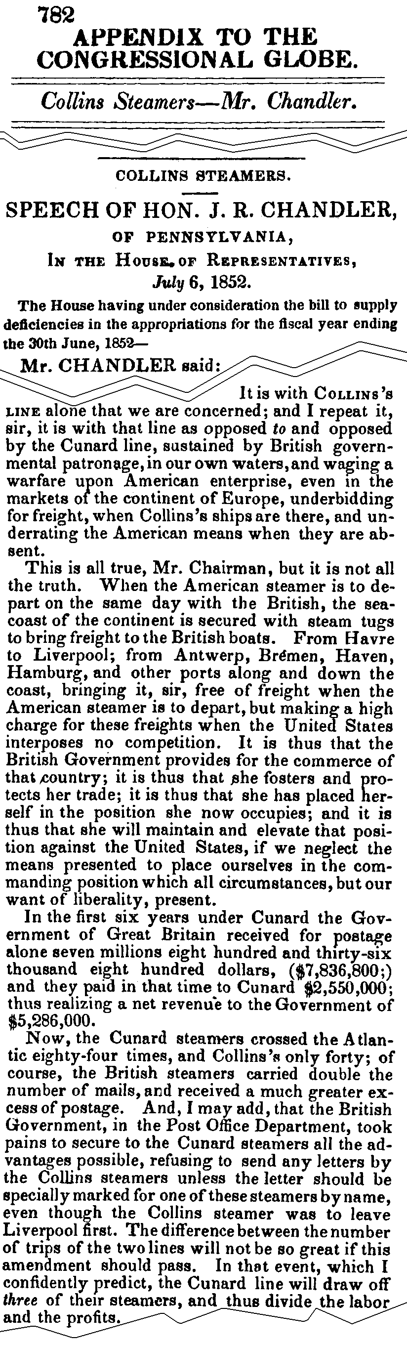 July 6, 1852: Cunard excerpts from J.R. Chandler's speech, page 782 column 2
