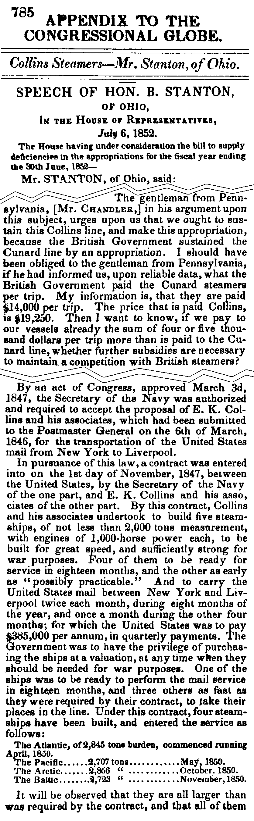 July 6, 1852: history of the Collins line from B. Stanton's speech, page 785 column 2