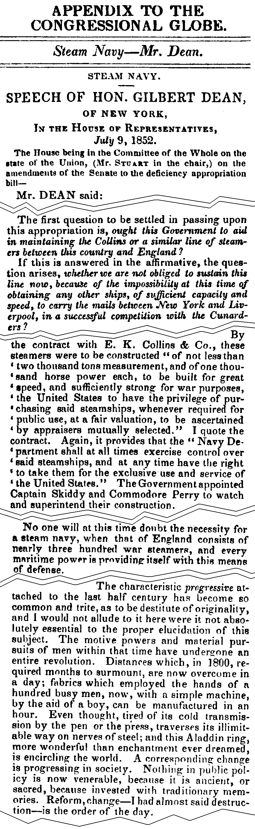 July 9, 1852: Cunard excerpts from Gilbert Dean's speech, pages 813-814