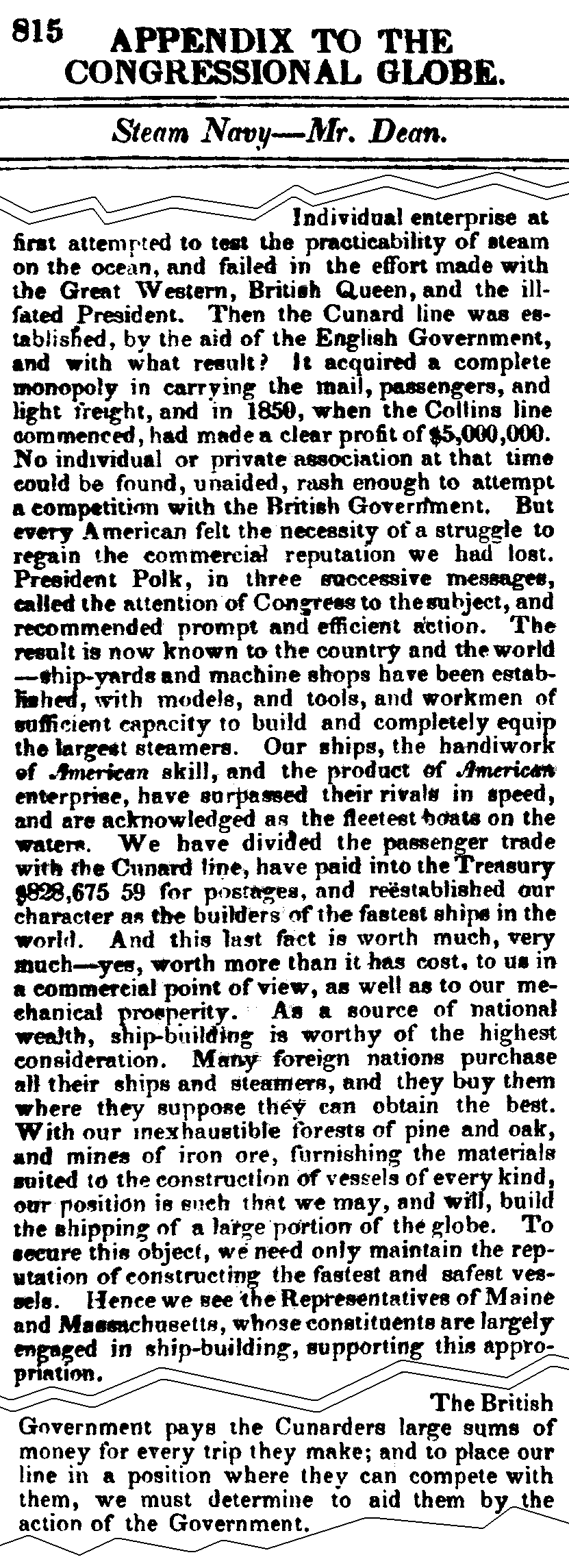 July 9, 1852: Cunard excerpts from Gilbert Dean's speech, page 815