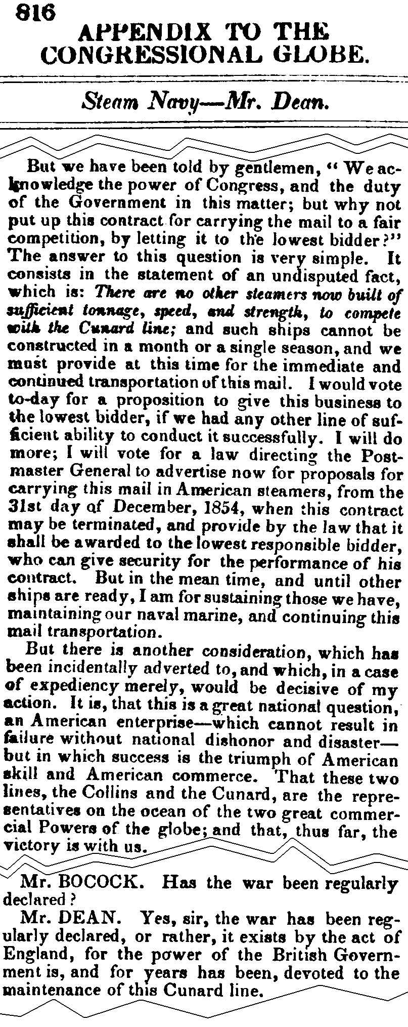 July 9, 1852: Cunard excerpts from Gilbert Dean's speech, page 816