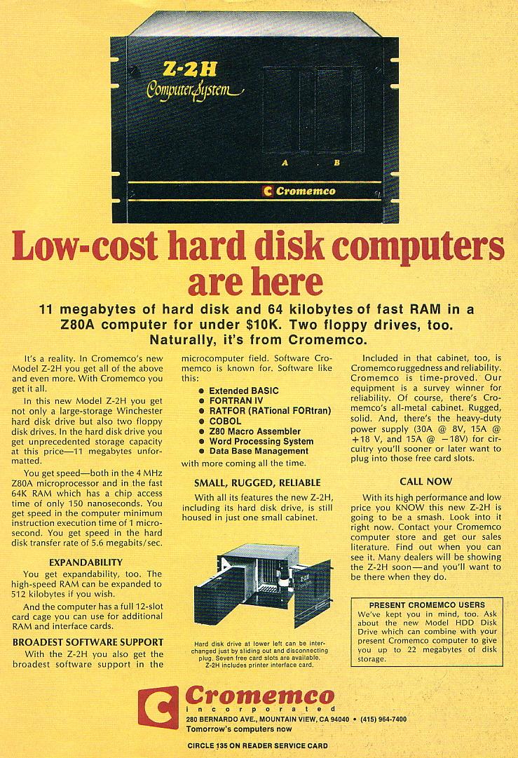 Winchester Hard Drive for Cromemco Personal Computer, February 1980