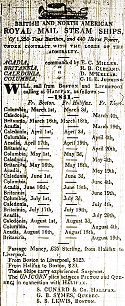 Cunard Steamship Company ad, May 1841