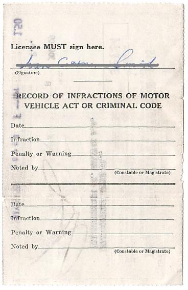 Nova Scotia driver's licence, 1955, back