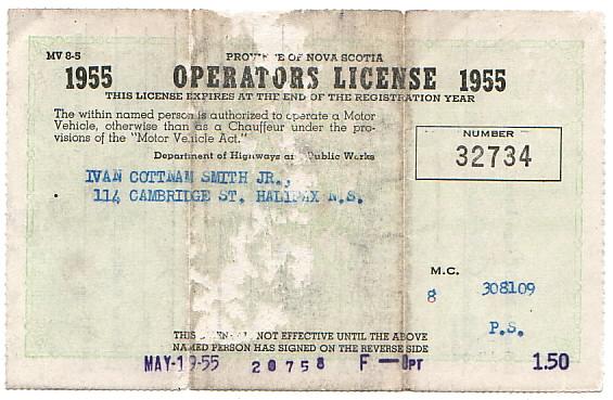 Nova Scotia driver's licence, 1955, front