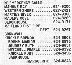 Telephone numbers for reporting fires in the Mahone Bay vicinity, in 1991