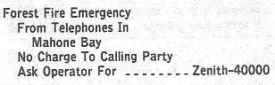 Telephone numbers for reporting forest fires in the Mahone Bay vicinity, in 1991