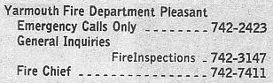 Telephone numbers for reporting fires in the Yarmouth vicinity, in 1991