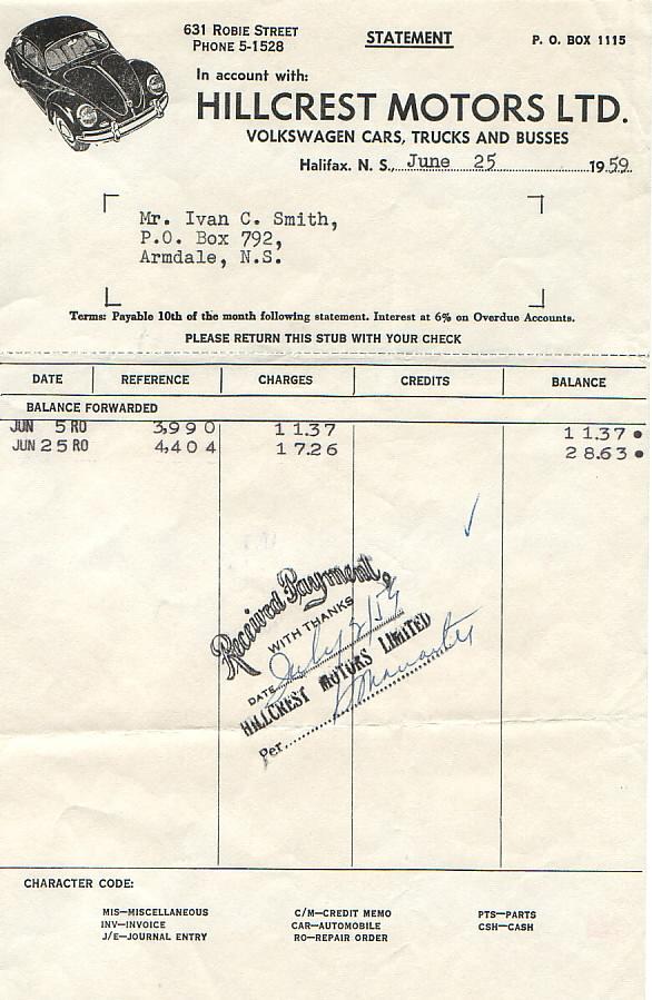 Volkswagen repair bill, 25 June 1959