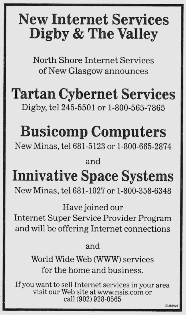Nova Scotia, Annapolis Valley: Early ISP ad, 26 August 1995