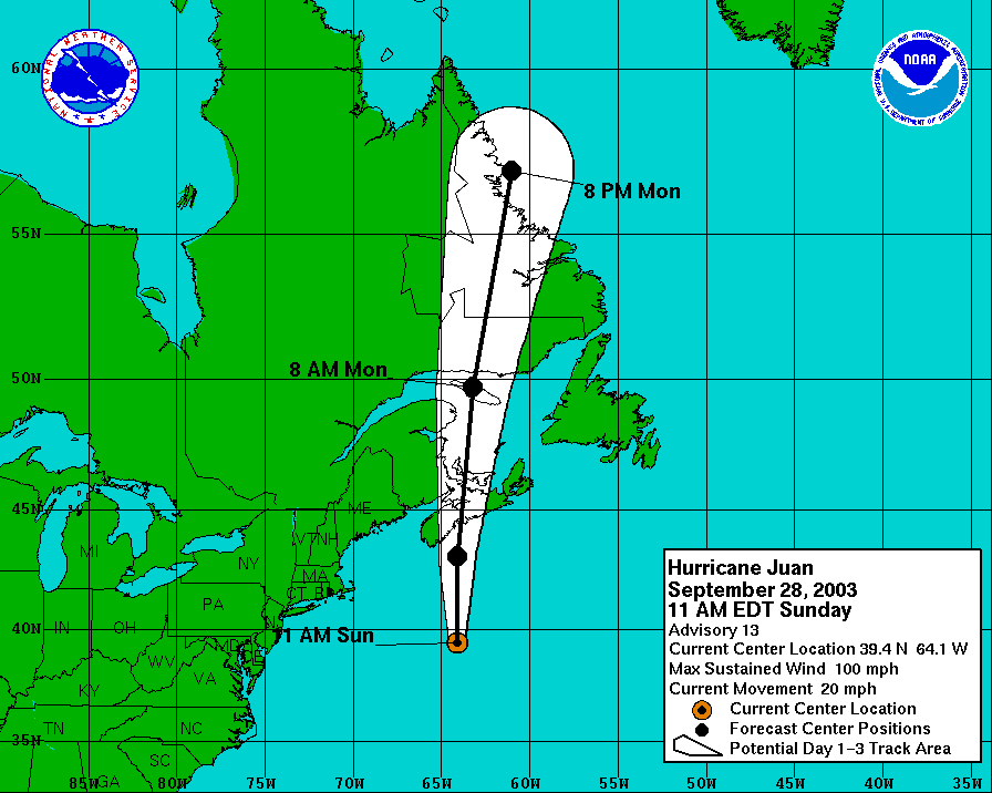Hurricane Juan track across Nova Scotia, 28-29 September 2003