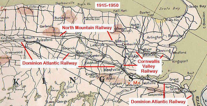 Nova Scotia: Map of the Cornwallis Valley Railway and the North Mountain Railway, 1915-1950