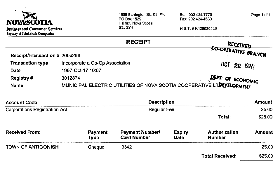 Nova Scotia: 1997 Receipt for Corporate Registration Fee, Municipal Electric Utilities Cooperative