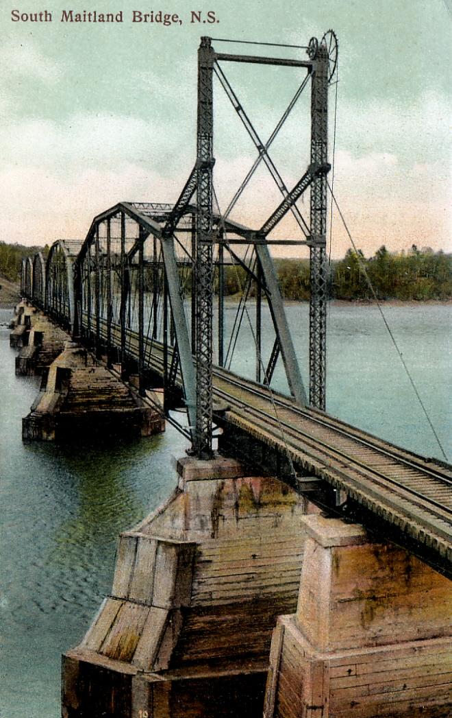 Midland Railway bridge across the Shubenacadie River at South Maitland, Nova Scotia, circa 1910. Trains began running across this bridge in 1903.