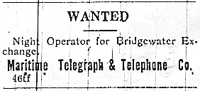 Nova Scotia: Night operator for telephone exchange, 1923