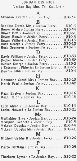 Nova Scotia: Jordan Bay Mutual Telephone Company directory, 1956