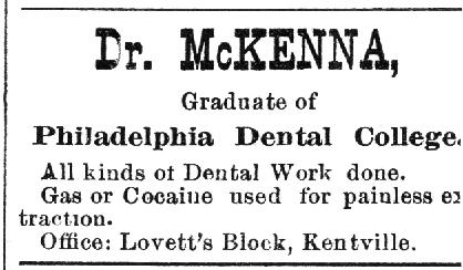 Nova Scotia: Dentist's ad, Kentville, 1890