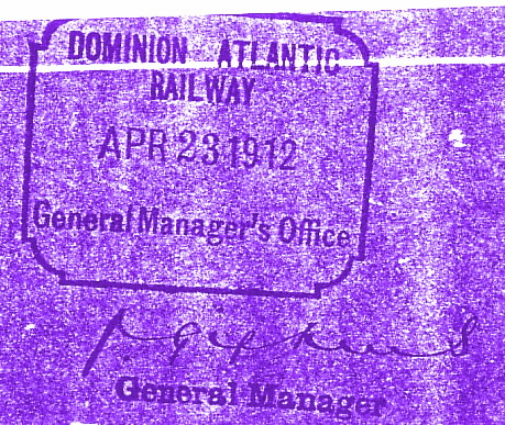 Nova Scotia: North Mountain Railway, Crossings at Public Roads, April 1912, General Manager's stamp