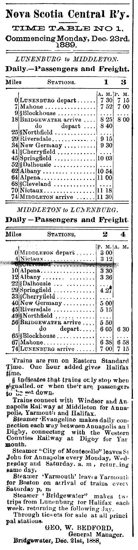 Nova Scotia Central Railway Timetable Number One
