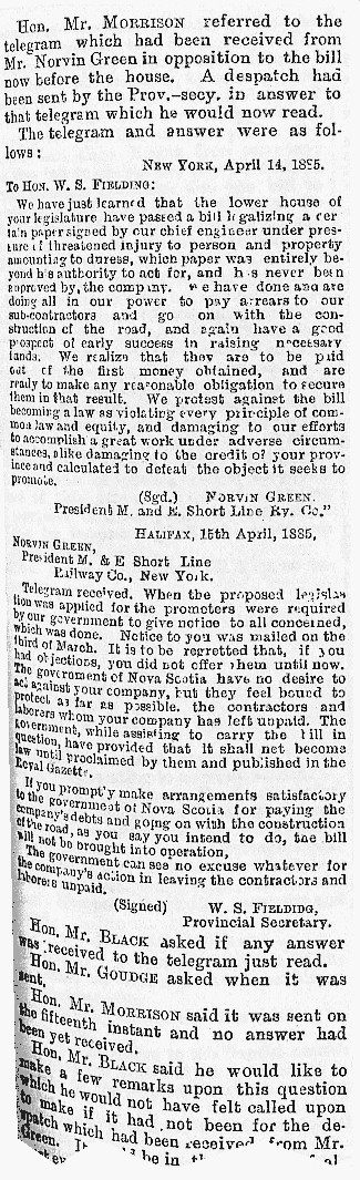 Nova Scotia, April 1885: Norvin Green correspondence