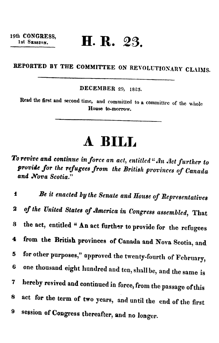 1825, An Act to provide for the refugees from Canada and Nova Scotia