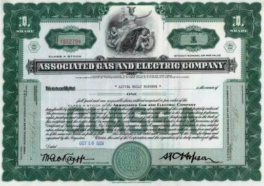 Associated Gas and Electric Company share certificate 1929