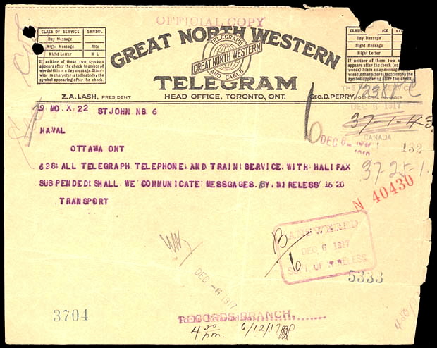Telegram to Naval Headquarters, Ottawa, 6 December 1917
