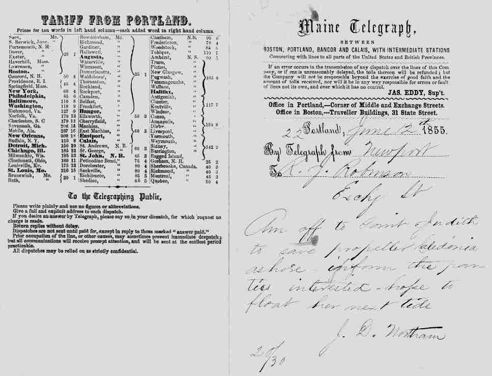 Telegram, June 12, 1855, Maine Telegraph Company