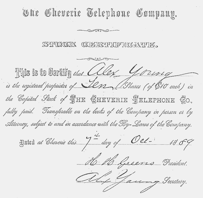 Nova Scotia: Cheverie Telephone Company, share certificate 1889