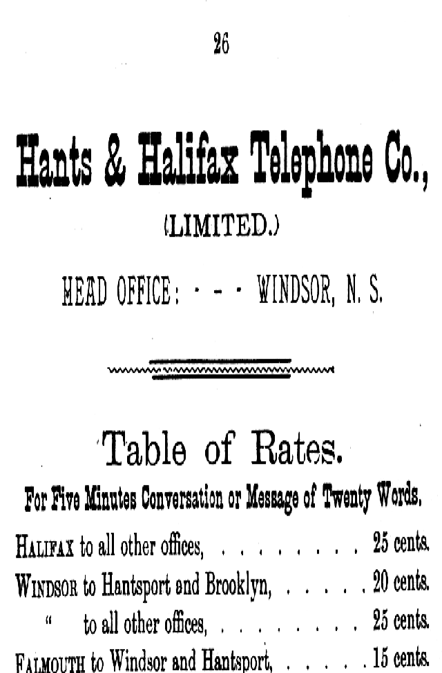 Hants & Halifax Telephone Company rates, March 1887
