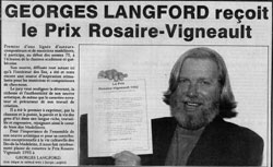 Article sur Georges Langfors lorsqu'il reçoit le prix Rosaire-Vigneault.
