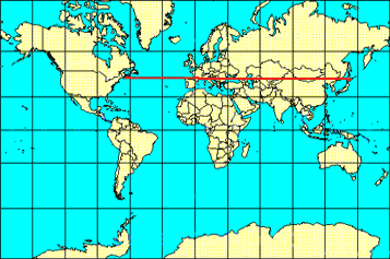 Mercator Projection : Line drawn from Halifax, Nova Scotia, Canada to Hakodate, Japan