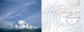 Mount Rainier located in Mount Rainier National Park, Washington, and its contour lines.