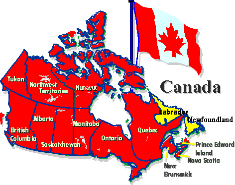 Map of Canada, North America, highlighting the province of Newfoundland & Labrador in yellow.