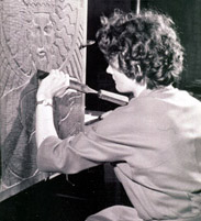 Eleanor Milne carving the Seven Seals (Book of Revelations) wood relief