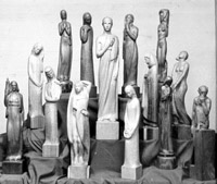 Calvert drama trophies for the Dominion Drama Festival carved in wood by Frances Loring, Florence Wyle and Sylvia Daoust