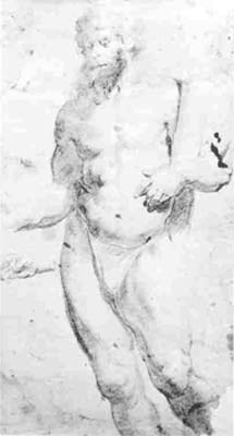 6 Jordaens STUDY OF STANDING MALE NUDE Black, red, and white chalks, 546 x 295 mm., 21 1/2 x 11 5/8 in. Hessisches Landesmuseum, Darnlstadt (AE925)