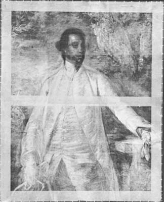 6 REYNOLDS Portrait of Charles Churchill Composite radiograph before lining. Note the position of the parapet and the tree stump near the left hand, and the changes in the foilage at the upper left. - 6 REYNOLDS Portrait de Charles Churchill Montage radiographique avant l'entoilage. Remarquer la position du parapet et de la souche d'arbre prs de la main gauche, et les changements dans le feuillage du coin suprieur gauche.