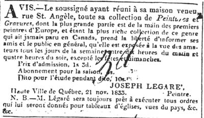 5 Article tir de la Gazette de Quebec 1833 Voir t. 70, no 4571 (livraison du novembre 1833) [p. 2]. Photo: Archives publiques du Canada, Ottawa - 5 Advertisement in La Gazette, Quebec City See vol. 70, no. 4571 (28 November 1833), p. 2 Photo: Public Archives of Canada, Ottawa