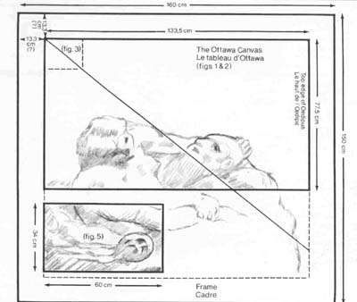 6 Diagram and sketch: Provisional reconstruction of Millet's Saint Jerome Tempted (to scale), showing the relationship of the Meyer-Huber canvas (fig. 5) to the Ottawa canvas (figs. 1 and 2), and the difference in proportion between the Sensier Saint Anthony sketch (fig. 3) and the Saint Jerome - 6 Diagramme et esquisse: Reconstruction provisoire de La Tentation de saint Jrme de Millet ( l'chelle), montrant la relation entre le tableau Meyer-Huber (fig. 5) et celui d'Ottawa (fig. 1, 2), et les diffrences de proportions entre l'esquisse du Saint Antoine de Sensier (fig. 3) et le Saint-Jrme